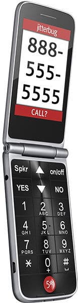 Jitterbug Flip phone open, displaying phone number 888-555-5555 on screen with "CALL?" prompt below