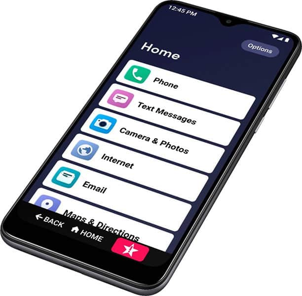 Front view of Jitterbug Smart3 showing simple home screen with large app icons and 12:45 PM time display.