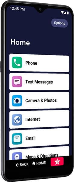 Front view of Jitterbug Smart3 showing its simple menu on a dark blue screen with bottom navigation bar.