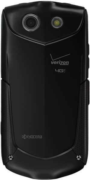 Kyocera Brigadier rear view, black phone with dual cameras and Verizon 4G LTE branding
