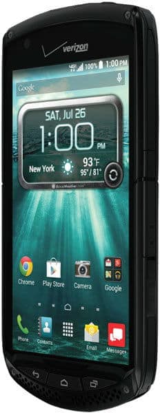 Kyocera Brigadier front view, black rugged smartphone with touchscreen displaying time, weather, and home screen icons