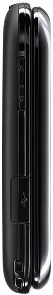 Kyocera Milano phone, side view, closed black flip phone with chrome trim and control buttons along spine