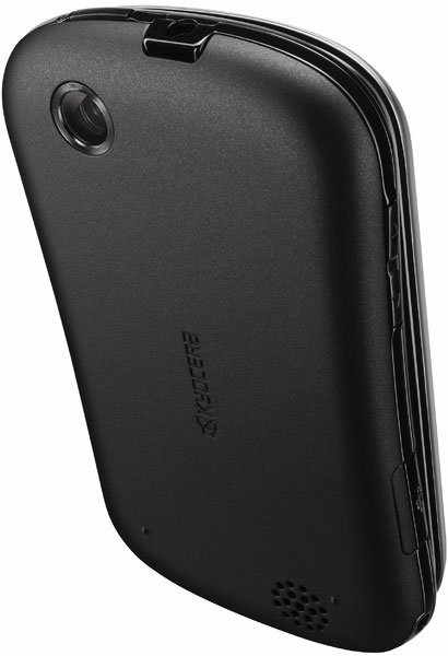 Kyocera Milano black flip phone, rear view showing camera lens and speaker grille