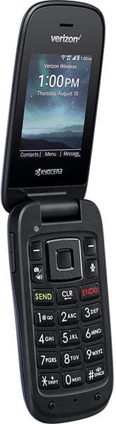 Kyocera Cadence flip phone, front view, open position showing screen displaying time and date, with numeric keypad and physical buttons below