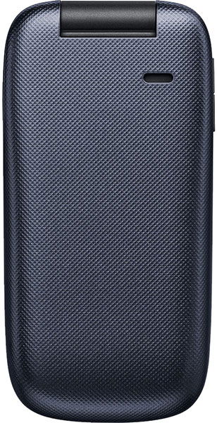 Kyocera Cadence phone, front view, closed, showing textured blue-gray exterior with black hinge at top