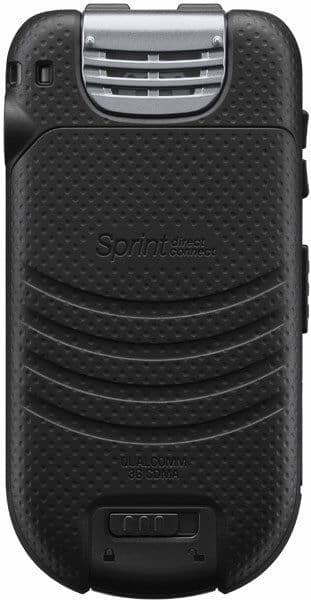 Kyocera DuraCore flip phone, rear view, black with textured surface and horizontal ribbed design