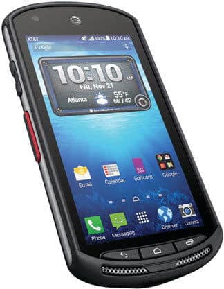 Front view of black Kyocera DuraForce showing home screen, app icons, 10:10 AM, Nov 21, Atlanta weather, and AT&T logo.