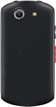 Rear view of black Kyocera DuraForce with textured back, single rear camera with flash, and red side button.