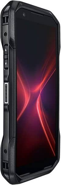 Kyocera DuraForce Pro 3 smartphone front view with black rugged frame and display showing red digital light pattern design