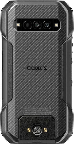 Kyocera DuraForce Pro 3 rear view showing triple camera array, textured carbon-fiber back panel, and rugged protective design