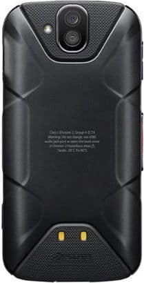 Kyocera DuraForce Pro rugged smartphone rear view with textured back, dual cameras, flash, and two gold contacts at the bottom.