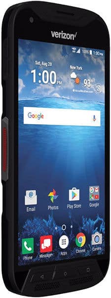 Front view of black Kyocera DuraForce Pro Verizon phone showing home screen with app icons, Google bar, and 93°F weather.