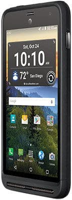 Kyocera DuraForce XD smartphone displayed from the front, showing home screen with time, weather, and app icons against a landscape background