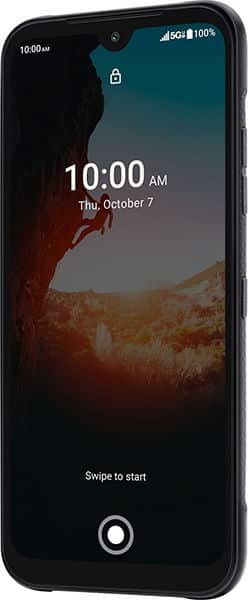 Kyocera DuraSport 5G front view with locked screen displaying 10:00 AM, Thursday October 7, and landscape wallpaper