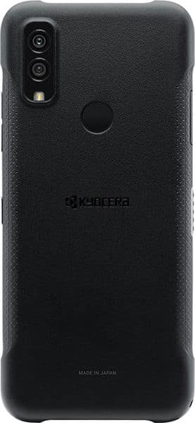 Kyocera DuraSport 5G rear view, black textured case with dual camera lenses and fingerprint sensor