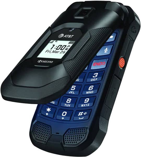 Kyocera DuraXE Epic open, front view, with flip screen up displaying time and date, numeric keypad and blue side buttons visible