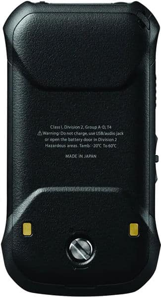 Kyocera DuraXE Epic rear view, showing black textured casing with warning text, battery door, and control buttons