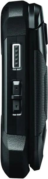 Kyocera DuraXE Epic side view, black rugged phone with textured grip, controls, and antenna
