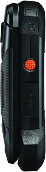 Kyocera DuraXE Epic phone shown from the side, featuring a rugged black design with a red emergency button and textured grip areas