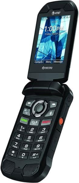 Kyocera DuraXE Epic flip phone, open position, showing blue display screen with time and menu options, numeric keypad below