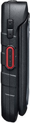 Kyocera DuraXE phone, side view, showing black rugged case with red accent stripe and belt clip