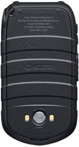 Kyocera DuraXE rear view showing black textured case with horizontal bands, circular camera lens, and gold accent button