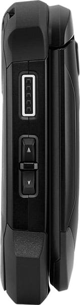 Close-up side view of Kyocera DuraXV Extreme flip phone with silver button and arrow buttons visible on the edge.