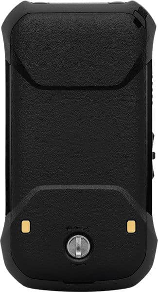 Rear view of a black, rugged Kyocera DuraXV Extreme with textured surface, gold contacts, silver screw, and angular edges.