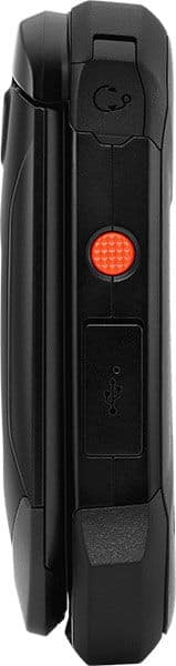 Side view of Kyocera DuraXV Extreme showing red textured button, small circular symbol, and closed USB port cover.