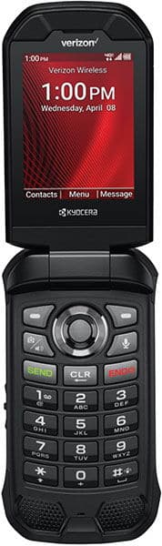 Front view of open black Kyocera DuraXV Extreme flip phone showing color screen and raised keypad with navigation buttons.