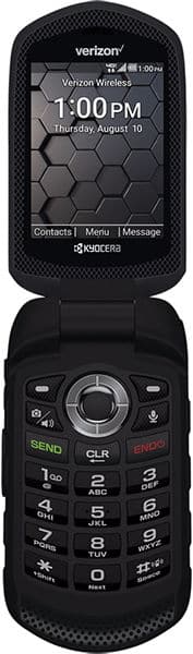 Kyocera DuraXV LTE front view, black rugged phone with numeric keypad and small display showing 1:00 PM