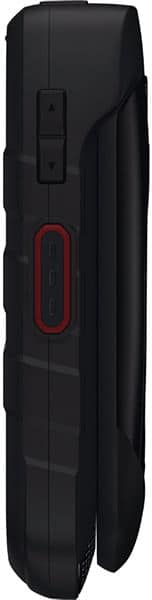Kyocera DuraXV LTE closed flip phone, side view, showing black exterior with red accent stripe and textured grid pattern