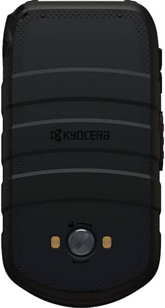 Kyocera DuraXV LTE rear view, black rugged phone with horizontal stripe design and control buttons