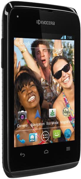 Kyocera Event smartphone, front view, displaying home screen with photo of three people smiling and app icons