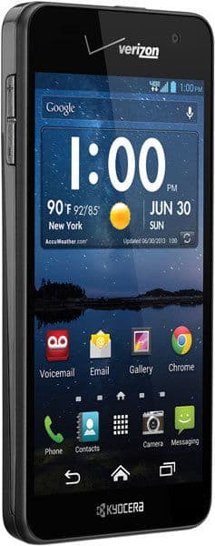 Front view of black Kyocera Hydro Elite showing home screen, app icons, 90°F NY weather widget, and Verizon network info.