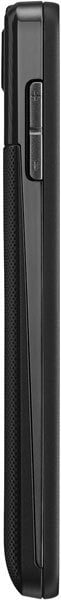 Side view of closed black Kyocera Hydro Elite flip phone, highlighting two silver buttons and textured left-side grip.