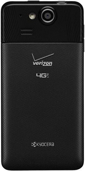 Rear view of black Kyocera Hydro Elite showing textured back, camera, flash, speaker, Verizon/4G LTE logos, and Kyocera branding.