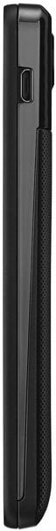Side view of closed black Kyocera Hydro Elite flip phone, showing textured surface and a button near the hinge.