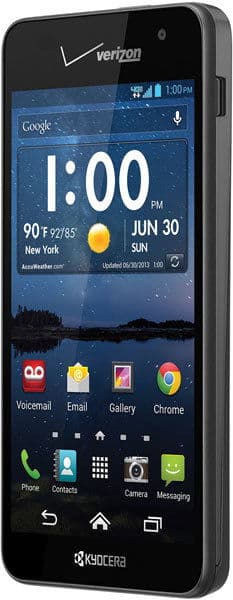 Front view of Kyocera Hydro Elite with Verizon logo, home screen showing date, time, New York weather, and key app icons.