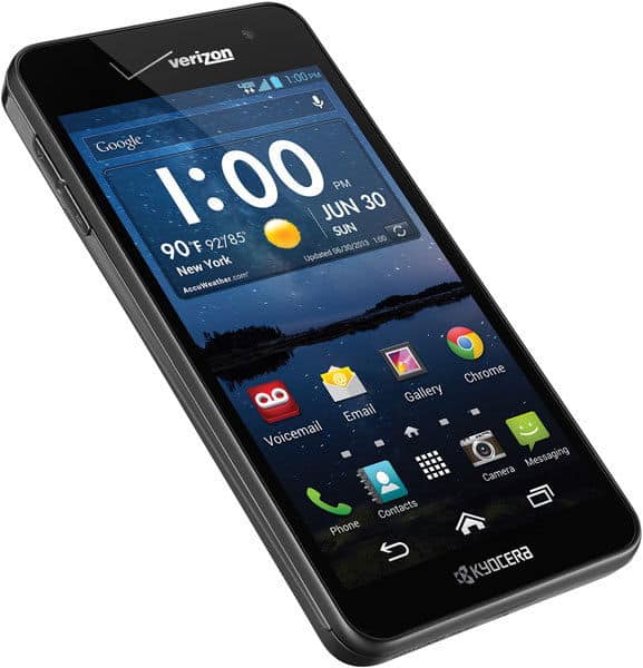 Front view of black Kyocera Hydro Elite showing home screen, app icons, 1:00 PM, June 30, 90°F New York, Verizon branding.