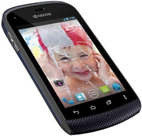 Front view of black Kyocera Hydro smartphone showing waterproof feature with Android home screen and a child behind wet glass.