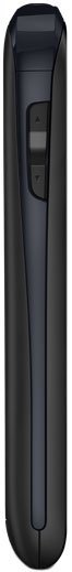 Side view of a black, slim hair straightener with two buttons and ridged grip, design similar to the Kyocera Hydro.