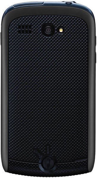 Rear view of black Kyocera Hydro showing textured back, rear camera, flash, and top-mounted speaker grille.