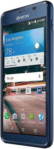 Kyocera Hydro Reach smartphone displayed at an angle, showing the home screen with weather widget and app icons on the display