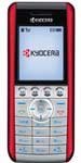 Kyocera K352 mobile phone, front view, with red casing and small screen displaying text