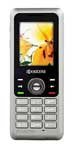 Kyocera Melo front view, silver candybar phone with small screen displaying yellow and orange interface, black keys below screen