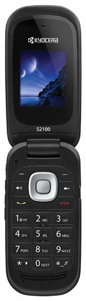 Kyocera S2100 flip phone, open view, displaying landscape image on screen with numeric keypad visible below