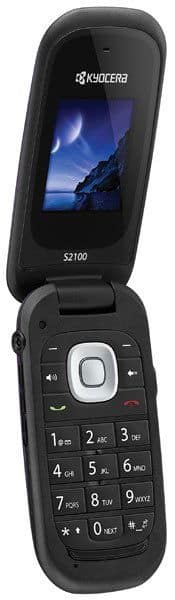 Kyocera S2100 flip phone, open position, showing blue landscape image on screen and numeric keypad below