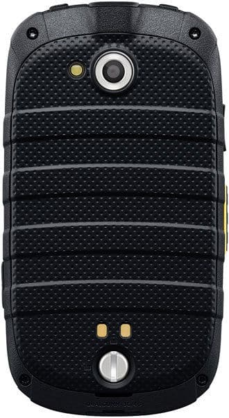 Kyocera Torque rear view, black textured back panel with camera lens, LED light, and speaker grilles
