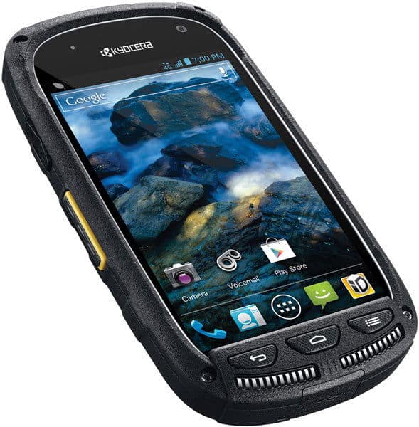 Kyocera Torque smartphone, front view, displaying home screen with rocks underwater wallpaper and app icons